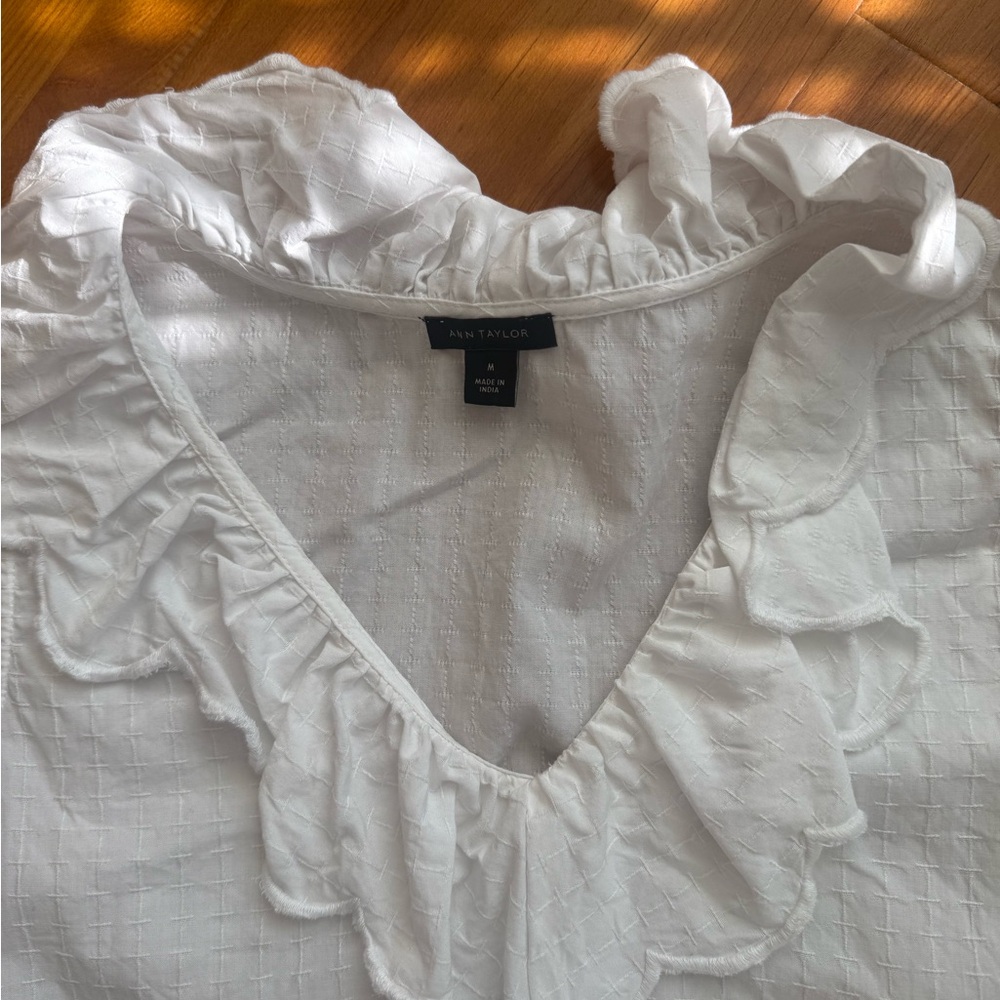 Ann Taylor White Ruffle V-Neck Top